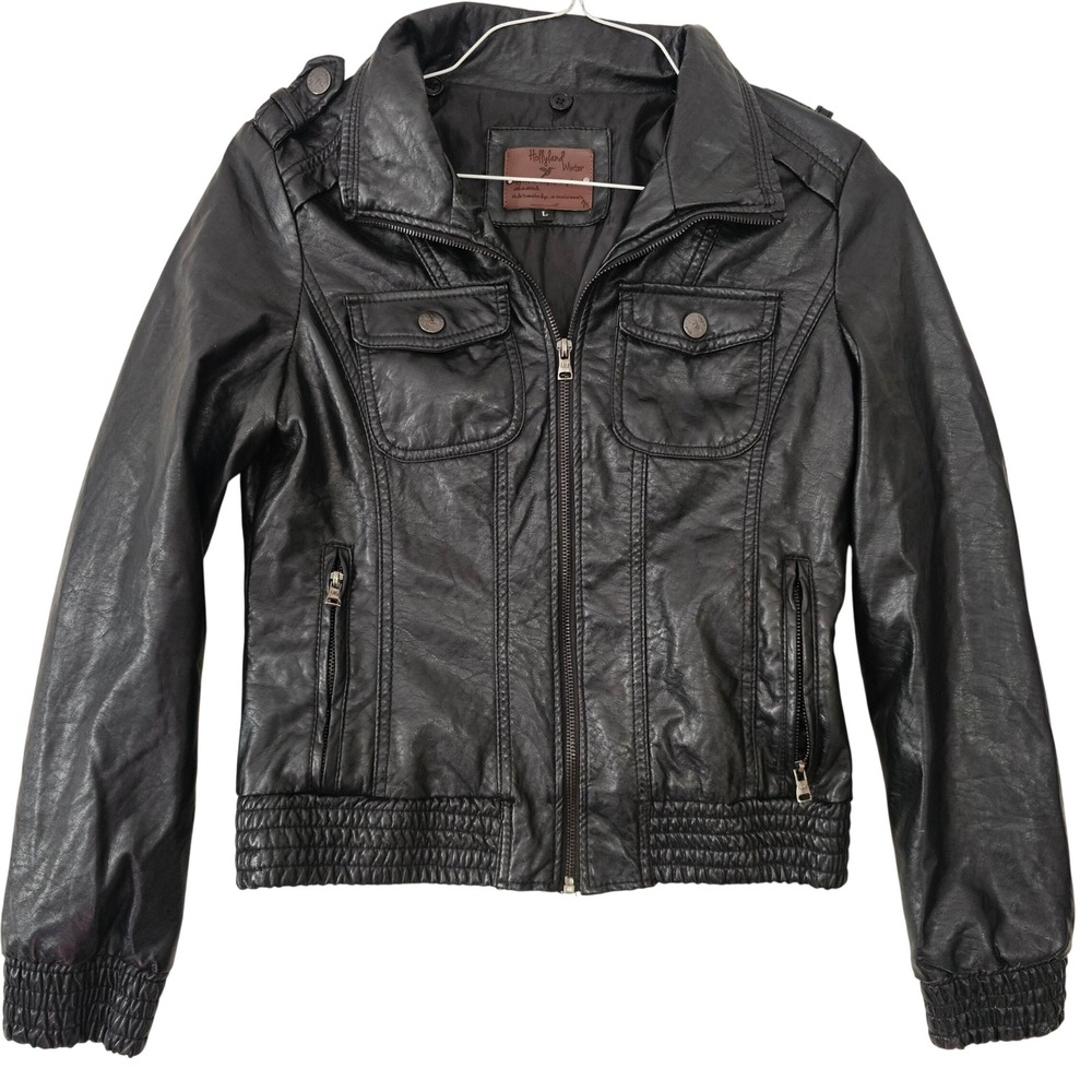 Hollyland Winter Black Faux Leather Moto Bomber Jacket Large